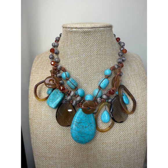 Chunky Multistrand Turquoise & Brown Statement Necklace W/ Beaded Accents Adjust - Picture 3 of 12